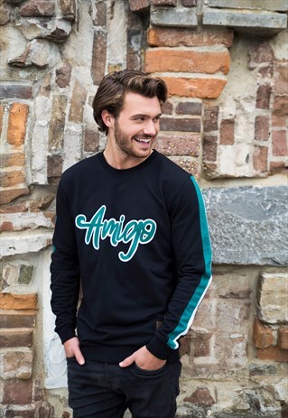 BLACK SWEATSHIRT WITH STRIPED SLEEVES AND GREEN AMIGO PRINT