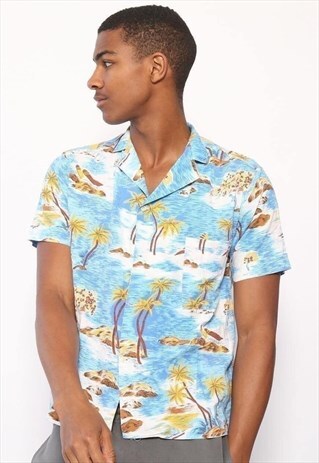 VINTAGE TROPIC ISLAND PATTERN BUTTON SHIRT BLUE