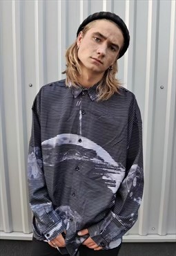 Moon print print shirt horizontal stripe blouse in black