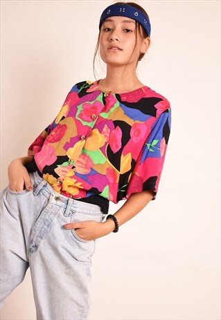 VINTAGE 90S RETRO MULTICOLOUR FLORAL PRINT BLOUSE TOP