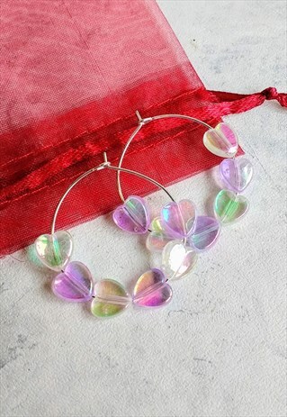 LILAC IRIDESCENT CANDY HEART HOOP EARRINGS