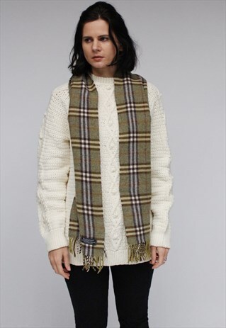 VINTAGE LAMBSWOOL-CASHMERE CHECKED SCARF GREEN-AS35