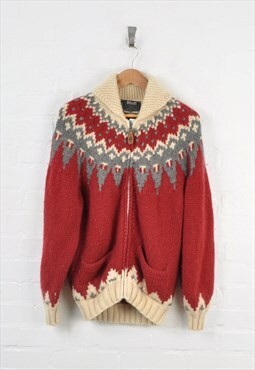 Vintage Knitted Cardigan Full Zip Nordic Pattern Red Medium