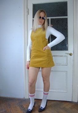 Vintage y2k jumpsuit corduroy mini skirt dungaree in yellow