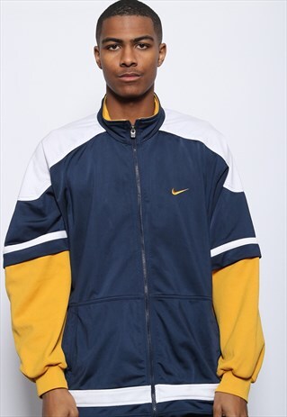 VINTAGE NIKE LOGO TRACK JACKET NAVY BLUE AND YELLOW