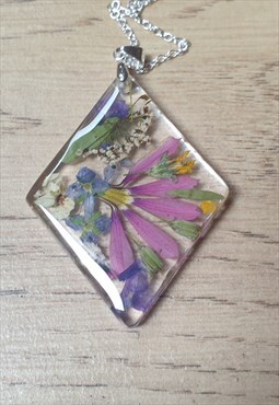Dried flower resin necklace with 925 silver chain