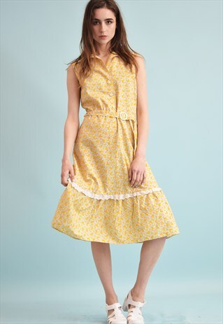 70'S RETRO FLORAL PATTERN MIDI TRIMMED ELEGANT FLARE DRESS