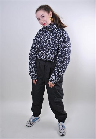 VINTAGE BLACK SKI SUIT, ABSTRACT PRINT 90S SNOWBOARD SUIT