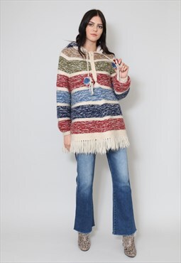 70's Ladies Vintage Hooded Fringed Wool Cape Jacket Poncho 