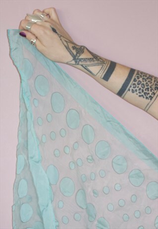 80S VINTAGE SHEER PASTEL GREEN TURQUOISE SPOTTED HEAD SCARF