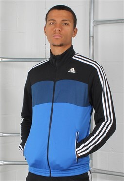 Vintage Adidas Track Jacket in Black & Blue with Logo Large