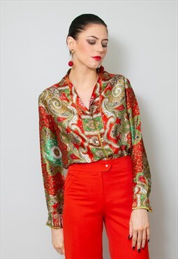 50's Red Vintage Baroque Satin Ladies Red Long Sleeve Blouse