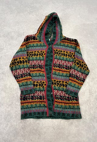 VINTAGE KNITTED HOODIE ABSTRACT PATTERNED KNIT CARDIGAN