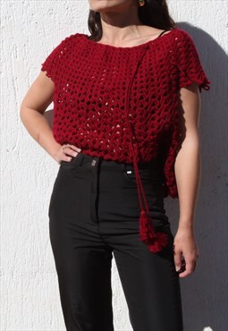 Handmade burgundy red wool blend crochet knitted blouse