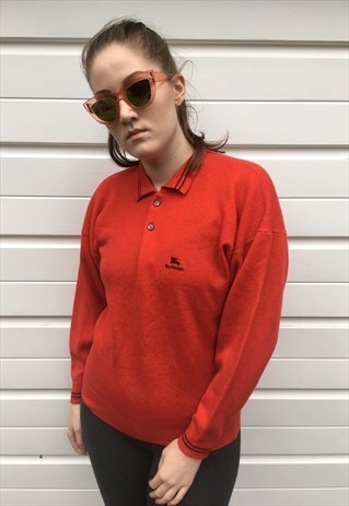 WOMENS VINTAGE 80S BURBERRY JUMPER RED WOOL SWEATER