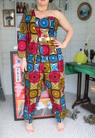 Vintage 00s Blue Geometric African Pattern Jumpsuit Romper