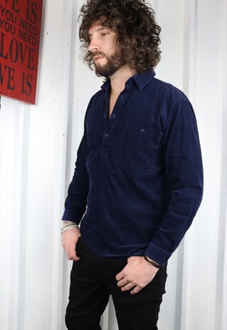 VINTAGE MOD CORDUROY HALF BUTTON NAVY SHIRT