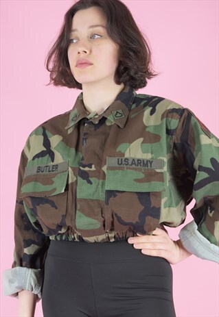 VINTAGE REWORKED CROP JACKET ORIGINAL US ARMY IN BROWN CAMO