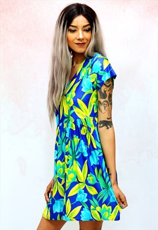 1990S VINTAGE VUBRANT GREEN AND BLUE MINI DRESS