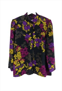 Vintage Floral Elegant Blouse Shirt in Black XL
