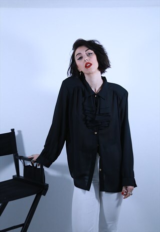 BLACK RUFFLE NECK BLOUSE