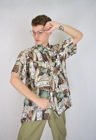 VINTAGE BROWN GRAPHIC HAWAIIAN SHORT SLEEVE FESTIVAL SHIRT