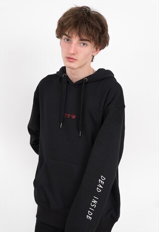 DEAD INSIDE BLACK HOODIE WITH RED BROKEN HEARTS SLEEVE PRINT