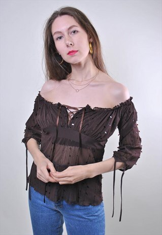 VINTAGE WOMEN BROWN LACE OFF THE SHOULDER BLOUSE