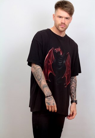 1990'S VINTAGE GRAPHIC DRAGON PRINT T-SHIRT IN BLACK