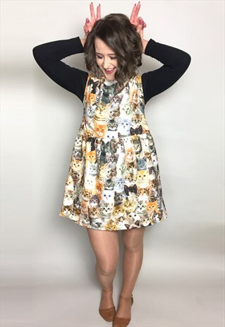HANDMADE ALL OVER CATS PINAFORE SMOCK DRESS