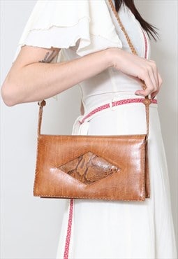 70's Ladies Vintage Bag Toffee Brown Leather Folk Hippy