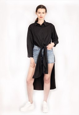 Long Cotton shirt dress with tie up front in black