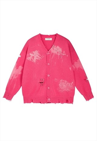 TIE-DYE CARDIGAN PINK KNITTED SWEATER BLEACHED KNIT JUMPER