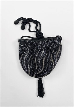 80's Black Silver Beaded Evening Drawstring Bag Tassel