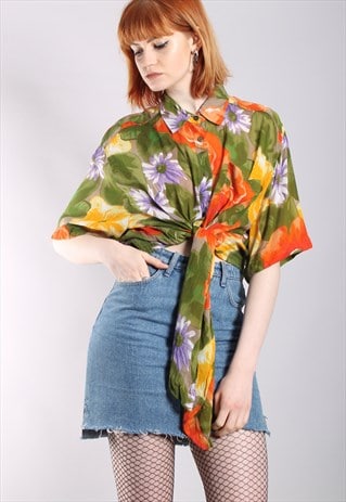 VINTAGE 80S SHEER FLORAL CROPPED TIE UP SHIRT