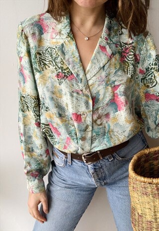 VINTAGE 70S CHIC ABSTRACT PRINT HANDMADE BLOUSE SHIRT TOP