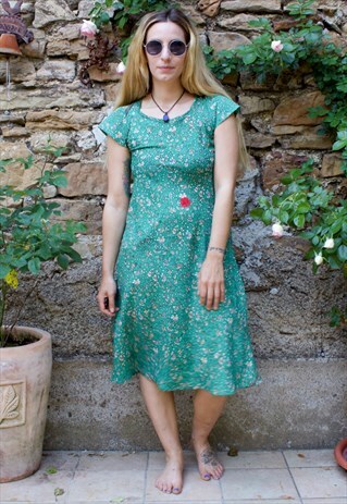 VINTAGE SILK FLORAL ROSE PATCH MIDI DRESS