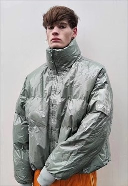 Shiny Plastic cropped bomber quilted puffer jacket khaki
