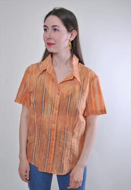 Women retro orange striped transparent blouse 
