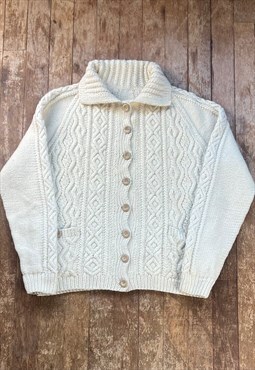 Vintage Cream Cable Knit Wool Cardigan 
