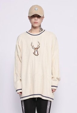 Deer embroidery sweater cable knitwear retro jumper cream