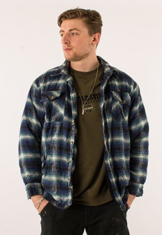 VINTAGE 90S BLUE STRIPED PLAID FLANNEL QUILTED JACKET XL