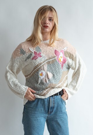 VINTAGE 80S FLORAL FUNKY JUMPER IN WHITE