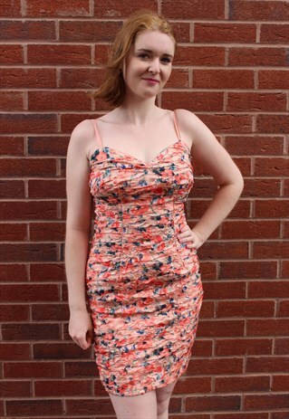 VINTAGE 80S MINI DRESS PARTY PINK FLORAL RIBBED BODYCON