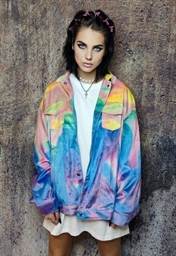 Rainbow jacket abstract print velvet bomber soft coat pink