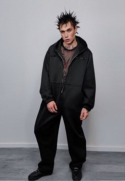 Hooded utility boilersuit workwear coveralls zip up in black