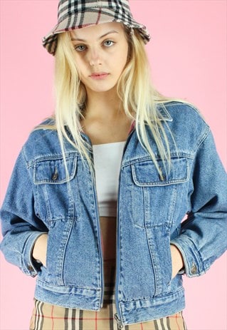 VINTAGE 90S DENIM JACKET Y2K BLUE CROPPED WITH A PATCH