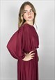 70'S VINTAGE BURGUNDY SLINKY PLEATED 3/4 SLEEVE MAXI DRESS