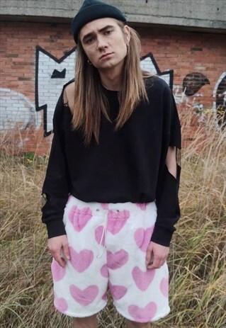 LOVE FLEECE SHORTS HANDMADE HEART CROPPED OVERALLS IN PINK