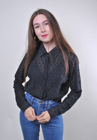 VINTAGE WOMAN LACE TRANSPARENT BLACK LONG SLEEVE BLOUSE